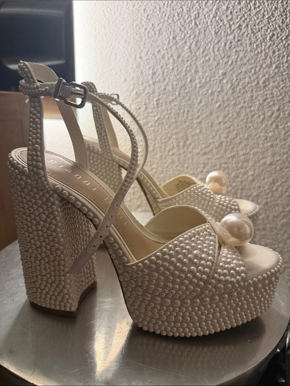 Pearl-Embellished Cream Platform Sandals with Ankle Strap